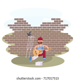 Strolling musician. Homeless man with Guitar. Vagrant Guitarist  with leg in a plaster cast in dirty rags is asking for help. Vector illustration eps 10