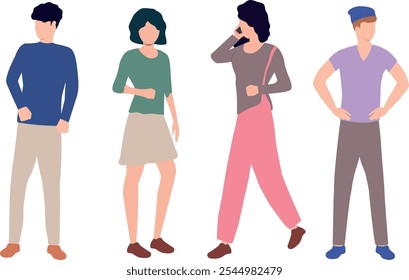 Passeando pessoas com roupas casuais. Vista lateral de homens e mulheres felizes correndo para o trabalho ou uma reunião de negócios. Ilustração de vetor plano destacada em um fundo branco