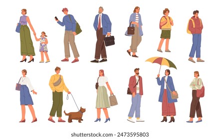 Strolling people, isolated set of men and women walking calmly. Vector young teenagers and children, adults and parents going to work or school. Fashionable personages with accessories and bags