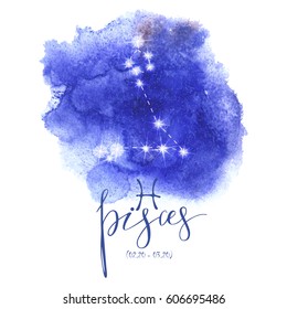 strology sign Pisces s on blue watercolor background with modern lettering. Zodiac constellation with  shiny star shapes. Part of big collection