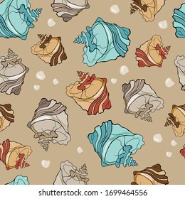  Strombus gallus shell, Strombidae. Seamless pattern with seashells. Cartoon style. Stock Illustration.  For wallpaper design, packaging, fabric, textiles, website.