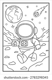 stronaut in space. Black and white vector illustration for coloring book.