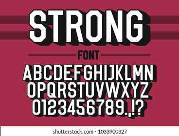 Strong 3d font alphabet with shadow. Vector typeface.