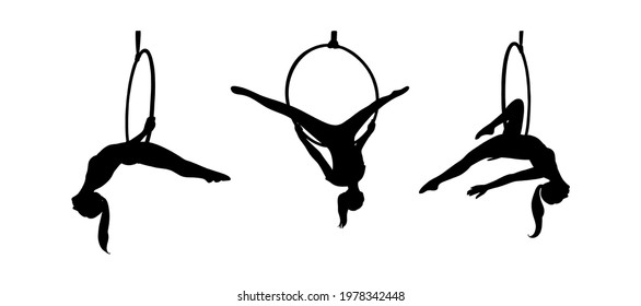 Strong acrobat in the hoop. Set of woman silhouettes in the aerial ring. Vector illustration isolated in white background