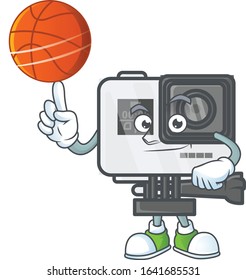 a strong action camera cartoon character with a basketball