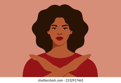 Strong African American woman crossed her hands and looks forward. Protest and solidarity concept for gender equality and of the female empowerment movement. Vector illustration