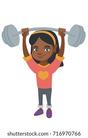 Strong african child lifting a heavy weight barbell. Little girl in sportswear training with barbell. Happy girl holding a barbell. Vector sketch cartoon illustration isolated on white background.