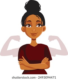 
Dama africana fuerte que siente la ilustración poderosa de la historieta del Vector. Chica alegre de etnia negra mostrando su fuerza y motivación

