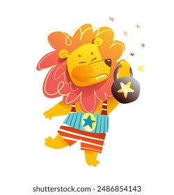 Strong African lion lifting weight, fun cartoon for kids. Circus event character for children, sportive strong lion. Vector hand drawn colorful character design illustration for kids.