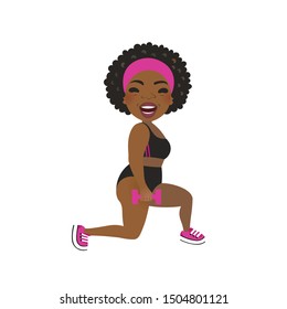 Strong Afro-American fit girl performing lunges with dumbbells. Vector isolated illustration
