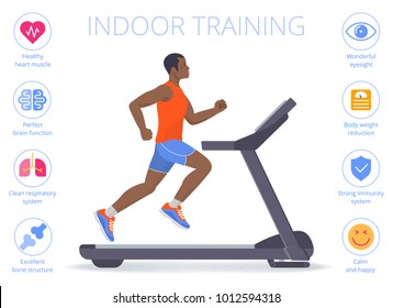 Strong afro-american man is running on the treadmill. Flat vector illustration of athletic adult boy in the sportswear doing exercise on the treadmill. Indoor fitness concept isolated on white.
