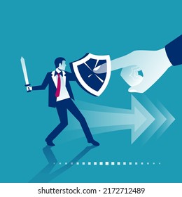 Strong against weak. Businessman with a shield and a sword is defended from boss. Business people. Confront power. Unequal forces. Vector illustration. Inequality concept. Corporate conflicts.