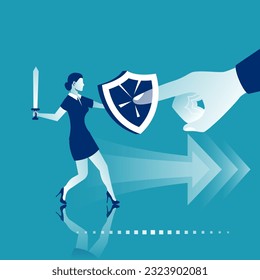 Strong against weak. Businesswoman with a shield and a sword is defended from boss. Business people. Confront power. Unequal forces. Vector illustration. Inequality concept. Corporate conflicts.