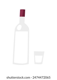 A strong alcoholic clear drink in a bottle and a shot glass. Chacha, vodka in flat style. Vector illustration