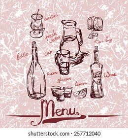 Strong alcoholic drink. Beverage sketch set with hand written names: fresh water, rum bottle, wine glass, tea bags, cup and lemon. Vector illustration.