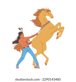 Strong American Indian man holding rearing horse flat style, vector illustration isolated on white background. Male character in headdress with feathers, decorative design element