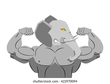 Strong angry elephant. aggressive Evil beast fitness. Wild animal athlete with huge muscles. Bodybuilder with trunk and big ears. Sports team mascot