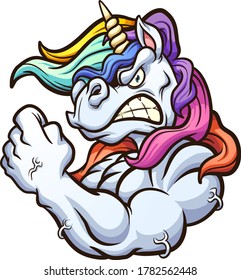 Strong angry unicorn mascot flexing its arm. Vector clip art illustration with simple gradients. All on a single layer. 
 svg