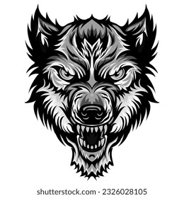 Strong Angry wild Wolves detail illustration mouth and bared fangs Symbols for tattoo, emblem or logo, isolated on a white background.