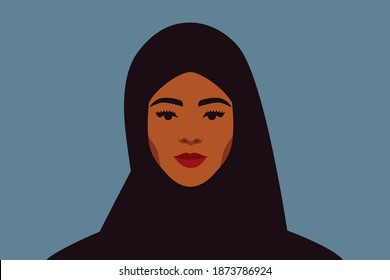 Strong Arabian woman with black hijab looks directly. Confident young muslim female wears scarf portrait front view on a blue background. Vector illustration. 