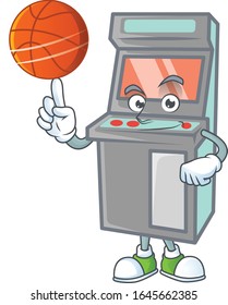 a strong arcade game machine cartoon character with a basketball