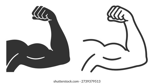 Strong arm bicep muscle flex, fitness bodybuilding silhouette and outline icon isolated on transparent background
