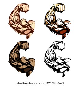 Strong Arm with Big Biceps. Bodybuilding Symbol or Icon Set. Graphic Template. Vector Variation Illustration.