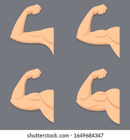 Sólido brazo con biceps contratados. Conjunto vectorial aislado. Dibujo plano muscular. Logo del gimnasio.