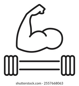 Strong arm with dumbbell line vector icon with editable stroke, representing physical fitness, strength training, and overall body health