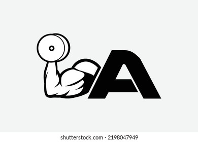strong arm and dumbbell, simple icon vector of Gym logo, fitness logo, bodybuilder icon with white backgroud