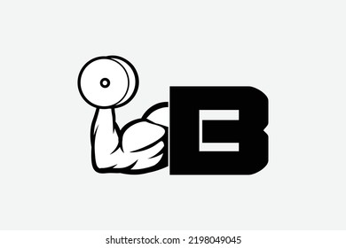 strong arm and dumbbell, simple icon vector of Gym logo, fitness logo, bodybuilder icon with white backgroud, letter B