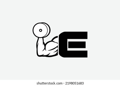 strong arm and dumbbell, simple icon vector of Gym logo, fitness logo, bodybuilder icon with white backgroud, letter E