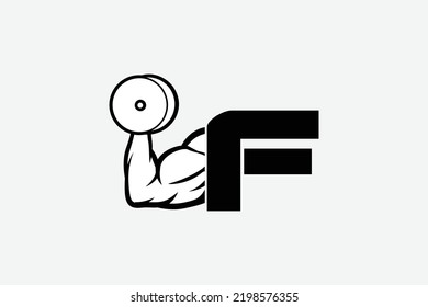 strong arm and dumbbell, simple icon vector of Gym logo, fitness logo, bodybuilder icon with white backgroud, letter F
