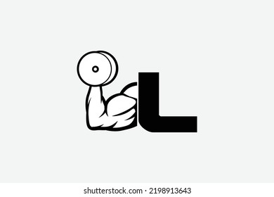 strong arm and dumbbell, simple icon vector of Gym logo, fitness logo, bodybuilder icon with white backgroud, letter L