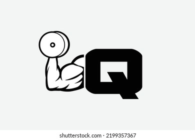 strong arm and dumbbell, simple icon vector of Gym logo, fitness logo, bodybuilder icon with white backgroud, letter Q