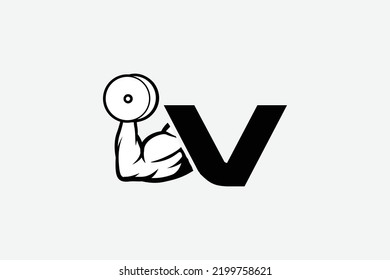 strong arm and dumbbell, simple icon vector of Gym logo, fitness logo, bodybuilder icon with white backgroud, letter V