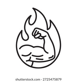 Ein starker Arm, der aus einem Flammensymbol von Macht und Widerstandskraft hervorgeht