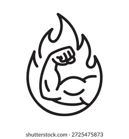 Ein starker Arm, der aus Flammen hervorgeht, ein Symbol für Macht und Widerstandskraft