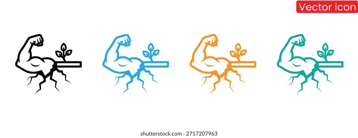Strong arm flexing with plant growing from ground in four colors,Strong arm muscles. Muscular arms, flexing biceps and fitness or gym stencil cartoon icon 