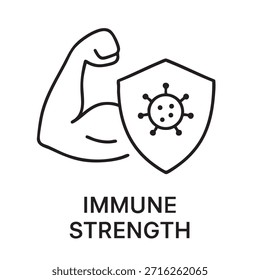 A strong arm flexing with a shield protecting against a virus symbolizing immune system strength