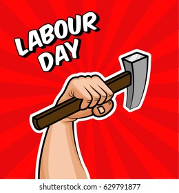 Strong arm holding a hammer, Factory worker, handyman, builder. Concept in Soviet Union Agitation Style. Happy Labor Day - 1 of May. Vector illustration