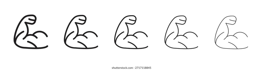 Símbolo de icono de brazo fuerte en línea delgada, contorno negro y estilo de trazo