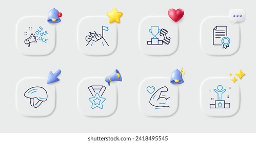 Strong arm, Mountain bike and Winner line icons. Buttons with 3d bell, chat speech, cursor. Pack of Certificate, Bicycle helmet, Winner ribbon icon. Dumbbell, Ole chant pictogram. Vector