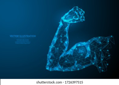 Strong Arm Muscle Biceps. Healthy Body. The Concept Of Sports, Business, Start-up, Proper Nutrition. Innovative Technology. 3d Low Poly Wireframe Model Isolated Vector Illustration.