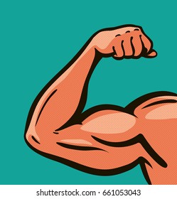 Strong Arm, Muscles, Gym. Comics Style Design. Vector Illustration