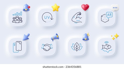 Strong arm, Teamwork results and Smartphone line icons. Buttons with 3d bell, chat speech, cursor. Pack of Augmented reality, Organic tested, Fishfinder icon. Vector