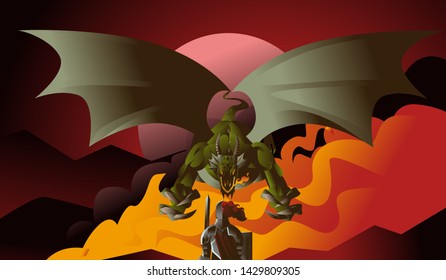 strong armored knight with sword back fighting a dragon