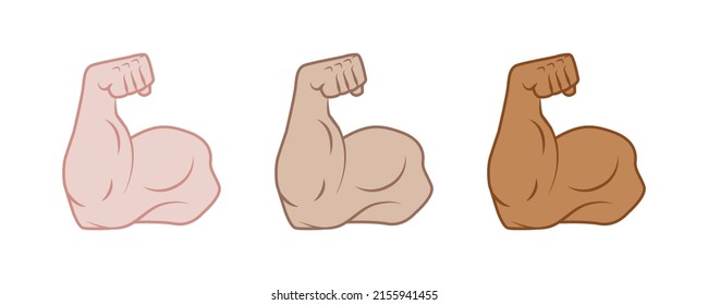 Strong arms, biceps icon. Strong, muscular arms of different skin tones. Bodybuilding, powerlifting. Sports symbol. Sports logo. Vector illustration.
