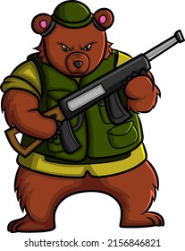 El oso del ejército fuerte sostiene la larga escopeta de la ilustración