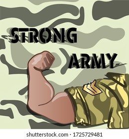 Strong army. Soldier hand in a front of camouflage background.